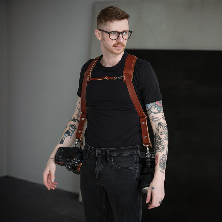 camera harness, leather camera harness, dual camera harness, dual camera strap